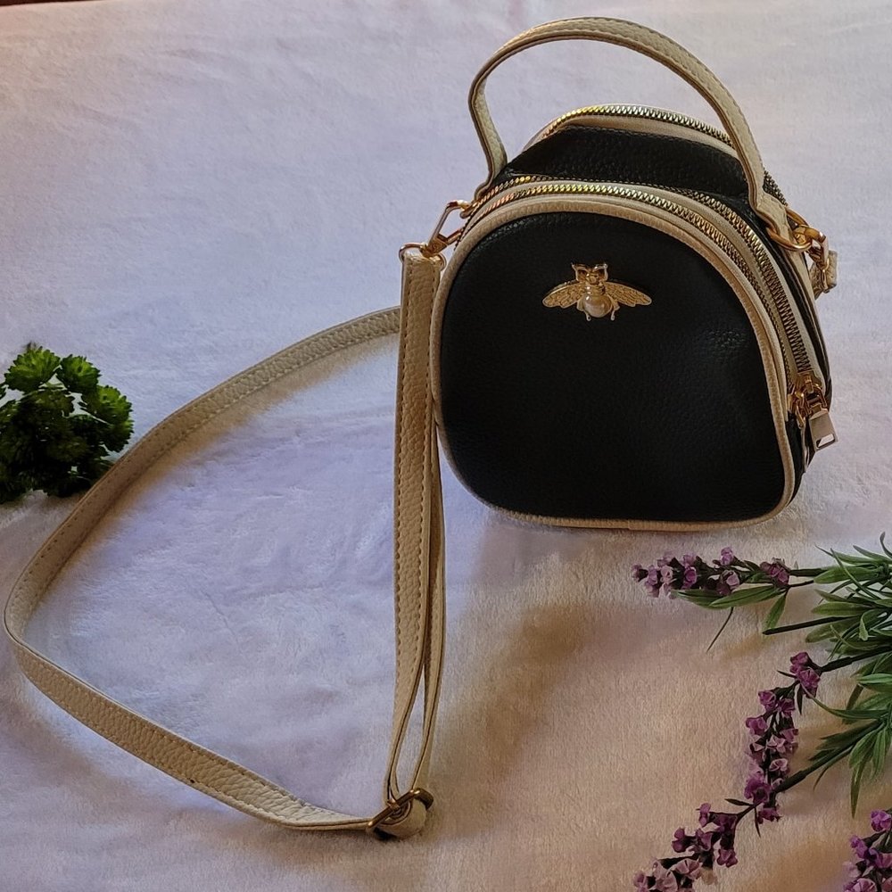 Pebbled Bumble Bee Messenger Black Faux Leather Mini Backpack Satchel